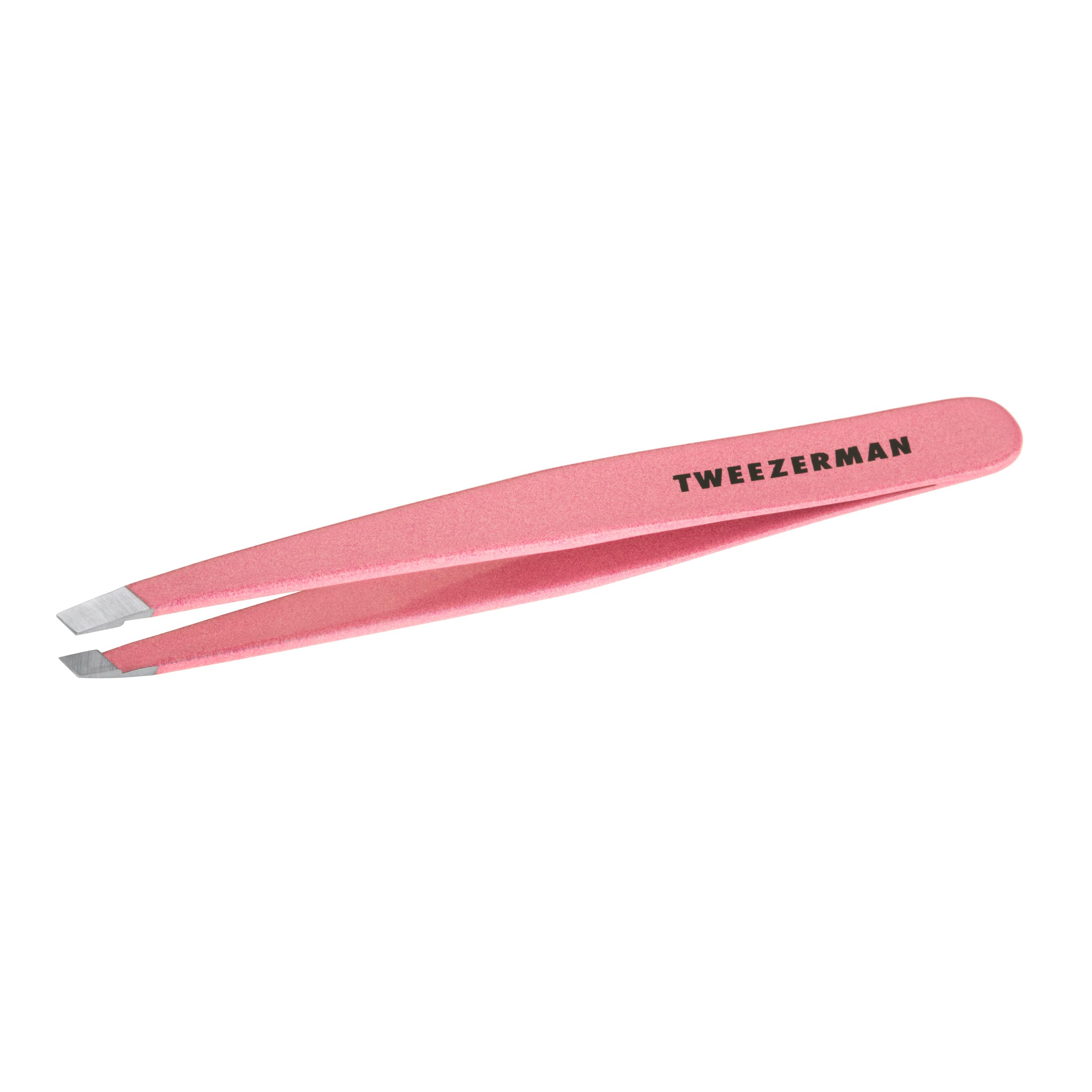 Tweezerman slant tweezer front view showing tea rose finish and precise shape