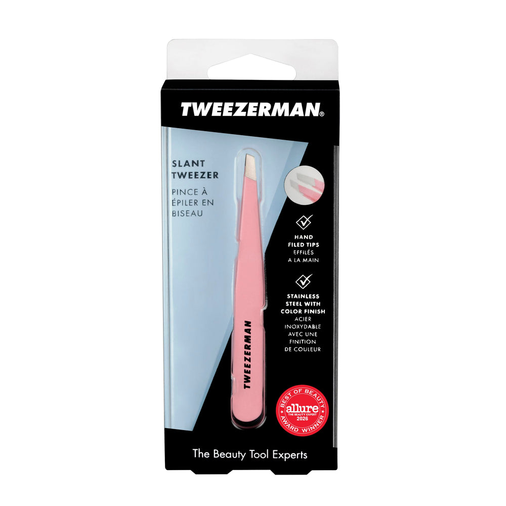 Tweezerman slant tweezer removing a brow hair demonstrating precision in use