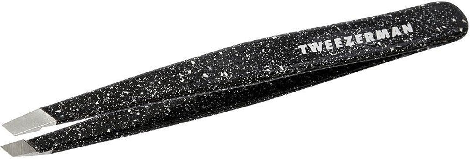Tweezerman slant tweezer front view showing sleek dusted onyx finish and precision