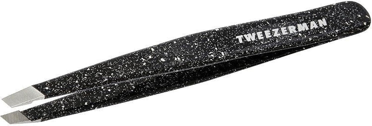 Tweezerman slant tweezer front view showing sleek dusted onyx finish and precision