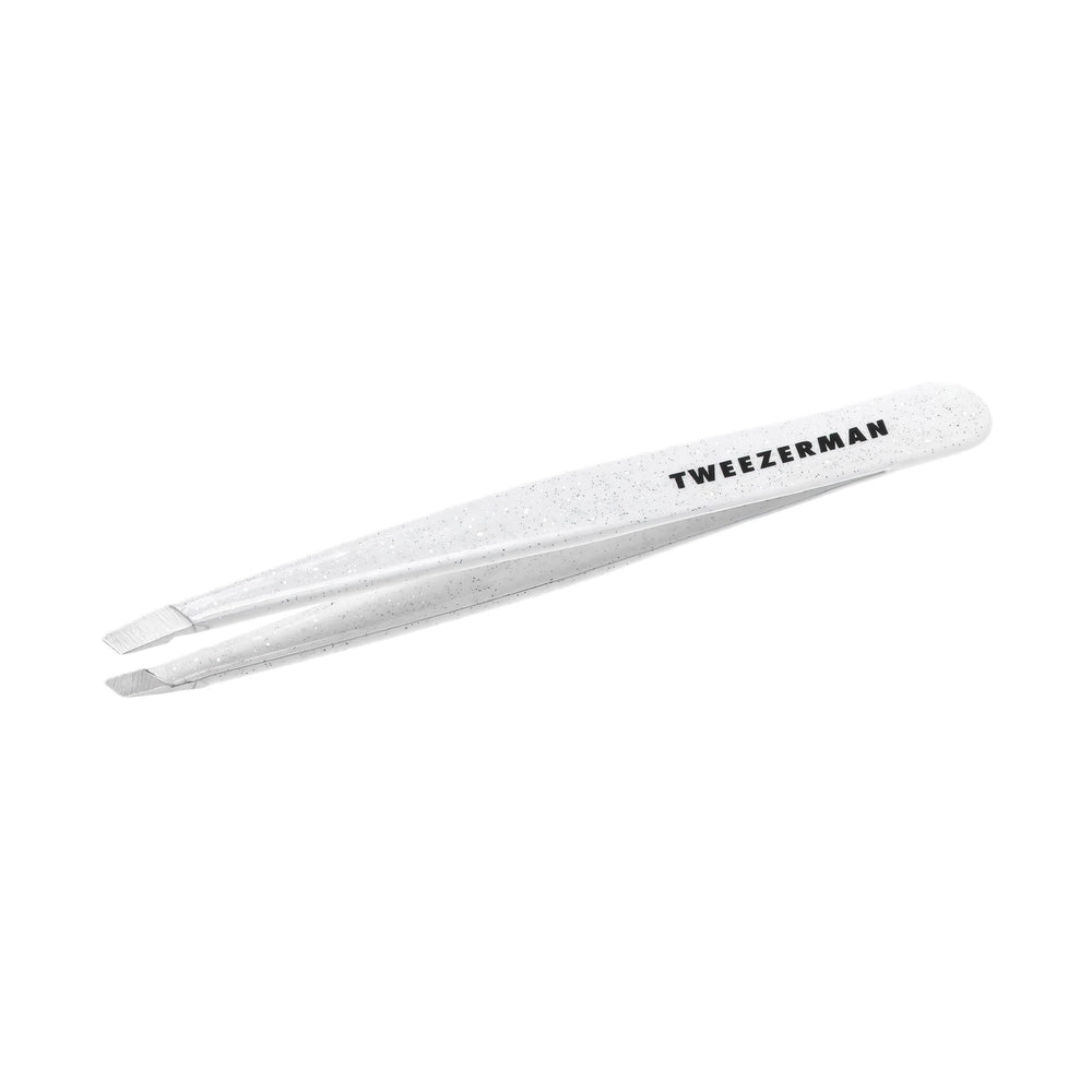 Tweezerman slant tweezer front view showing Moon Dust finish and precise control