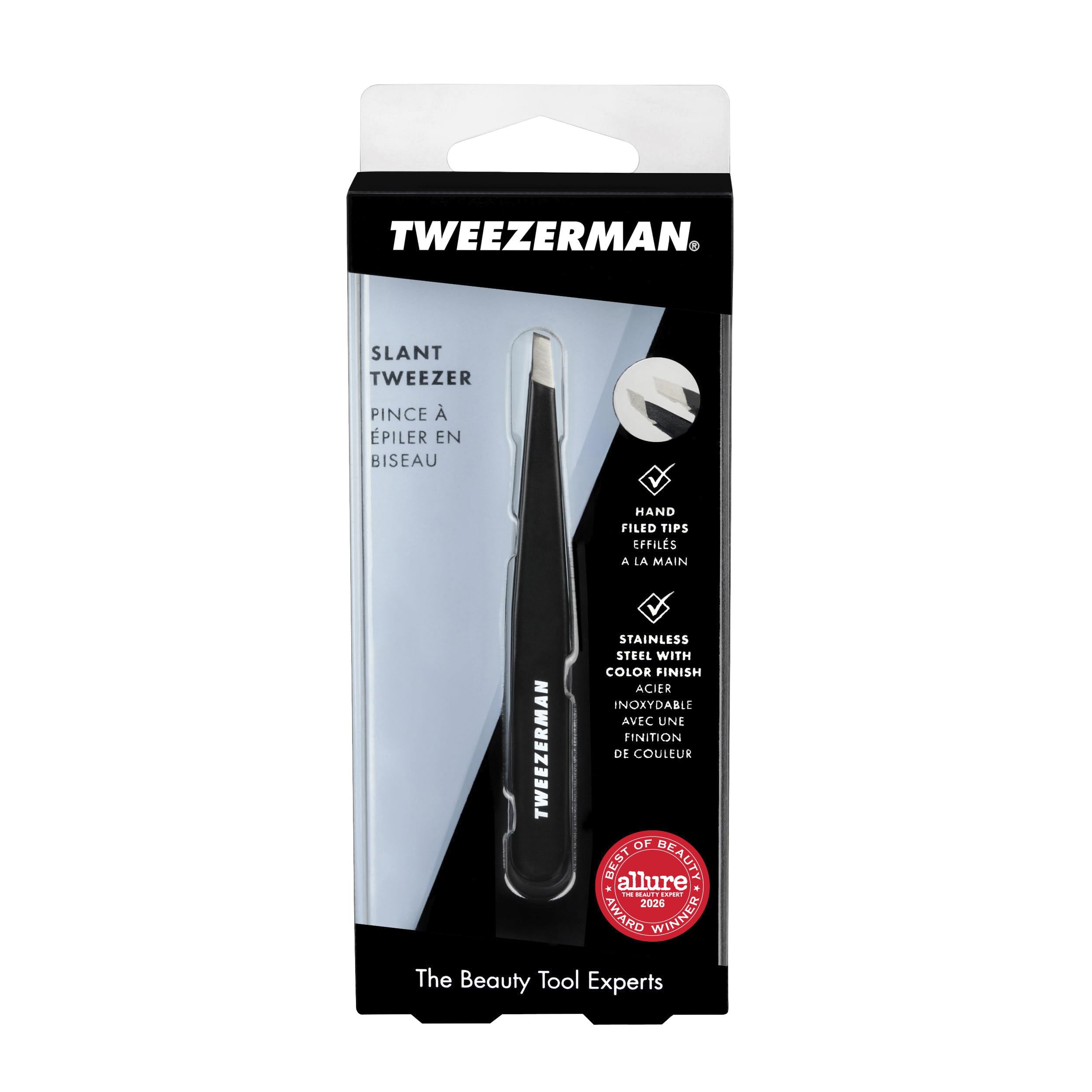 Tweezerman side profile showing calibrated tension for smoother plucking