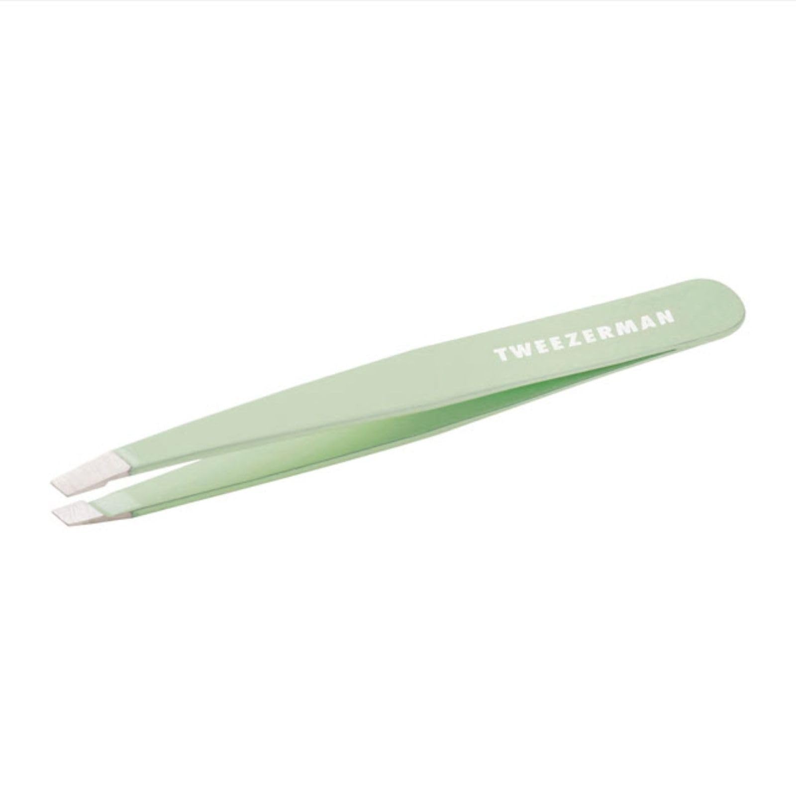 Tweezerman slant tweezer pistachio front view showing sleek shape and precision