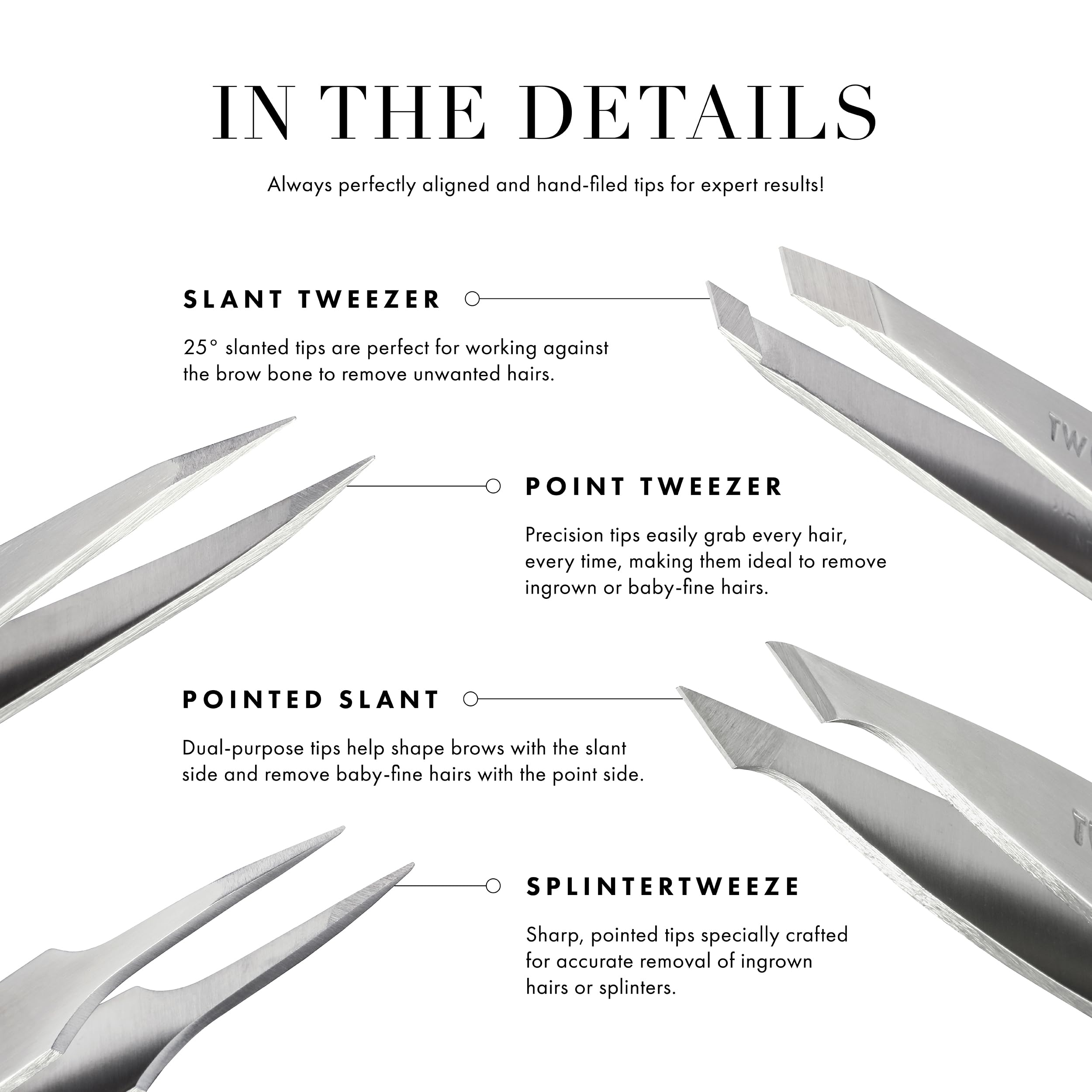 Hand holding Tweezerman pistachio tweezer showing scale and ergonomic control