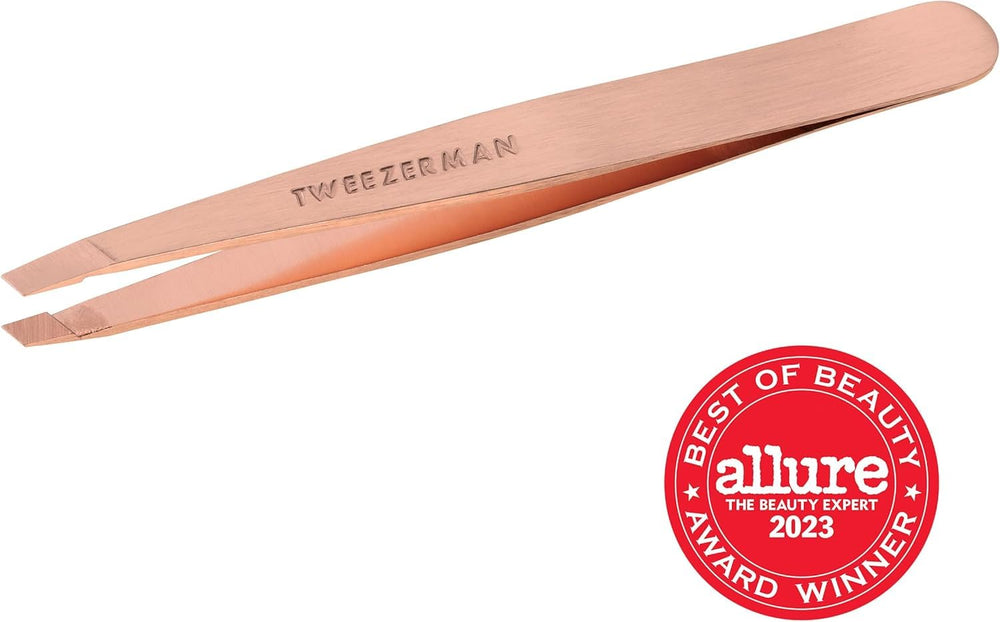 Tweezerman tweezer in use shaping eyebrow to demonstrate accurate single-stroke hair removal