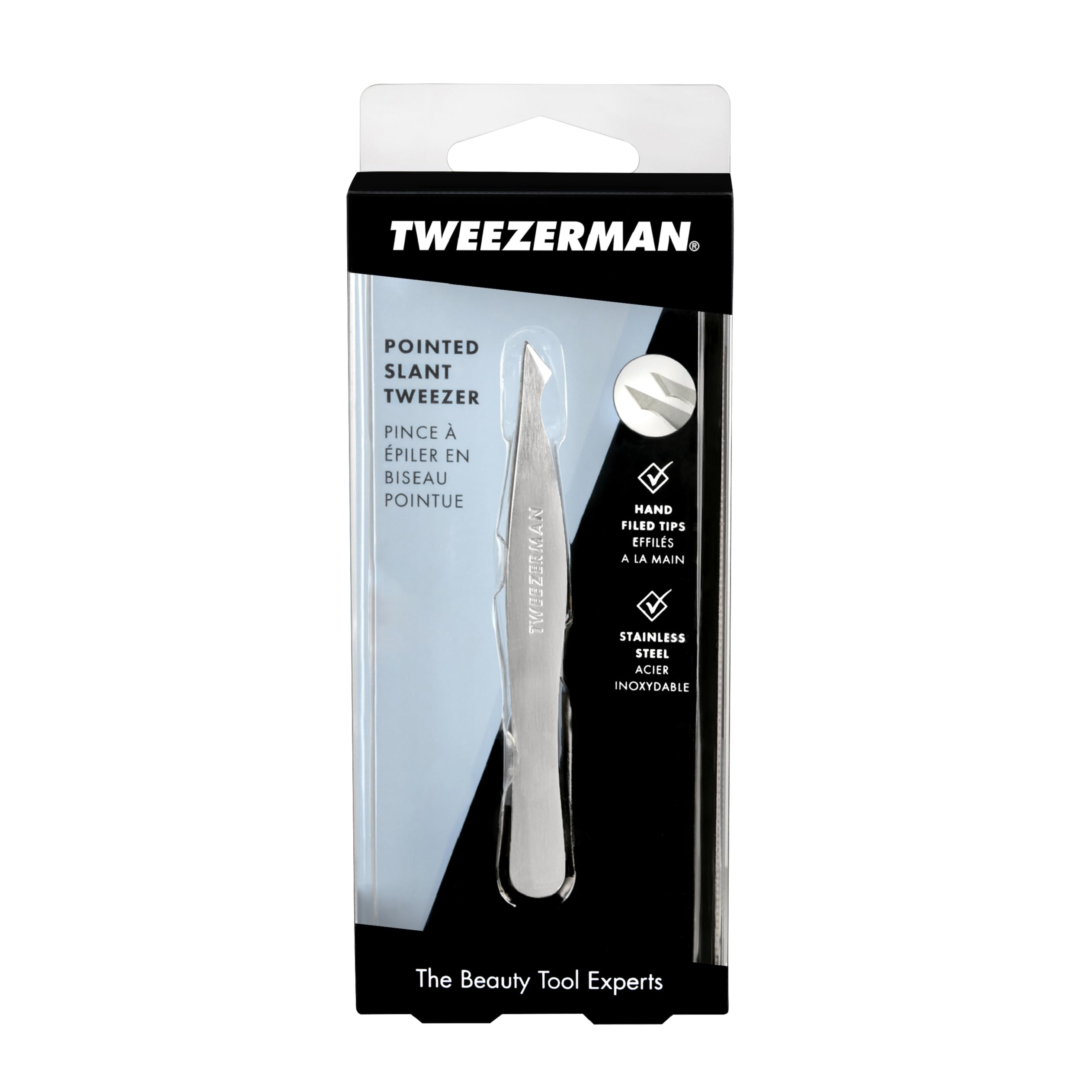 Tweezerman on a vanity next to grooming tools showing professional-ready convenience