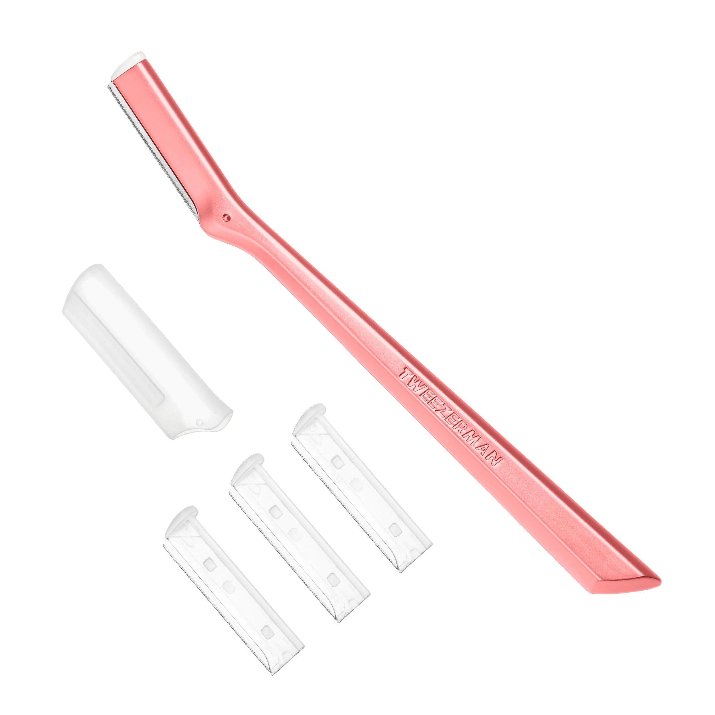 Tweezerman facial razor front view showing tea rose finish and durable design