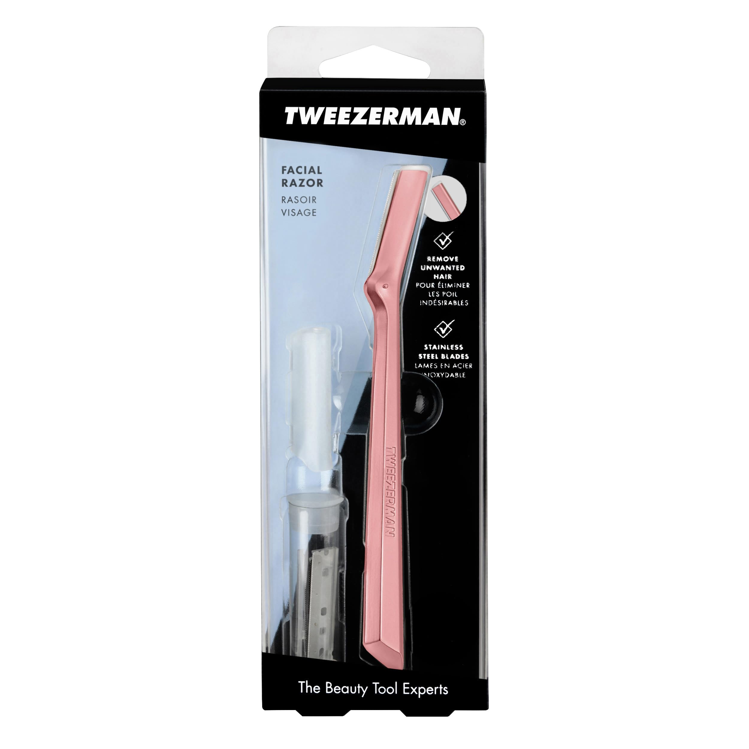 Tweezerman razor in use on cheek demonstrating gentle exfoliation