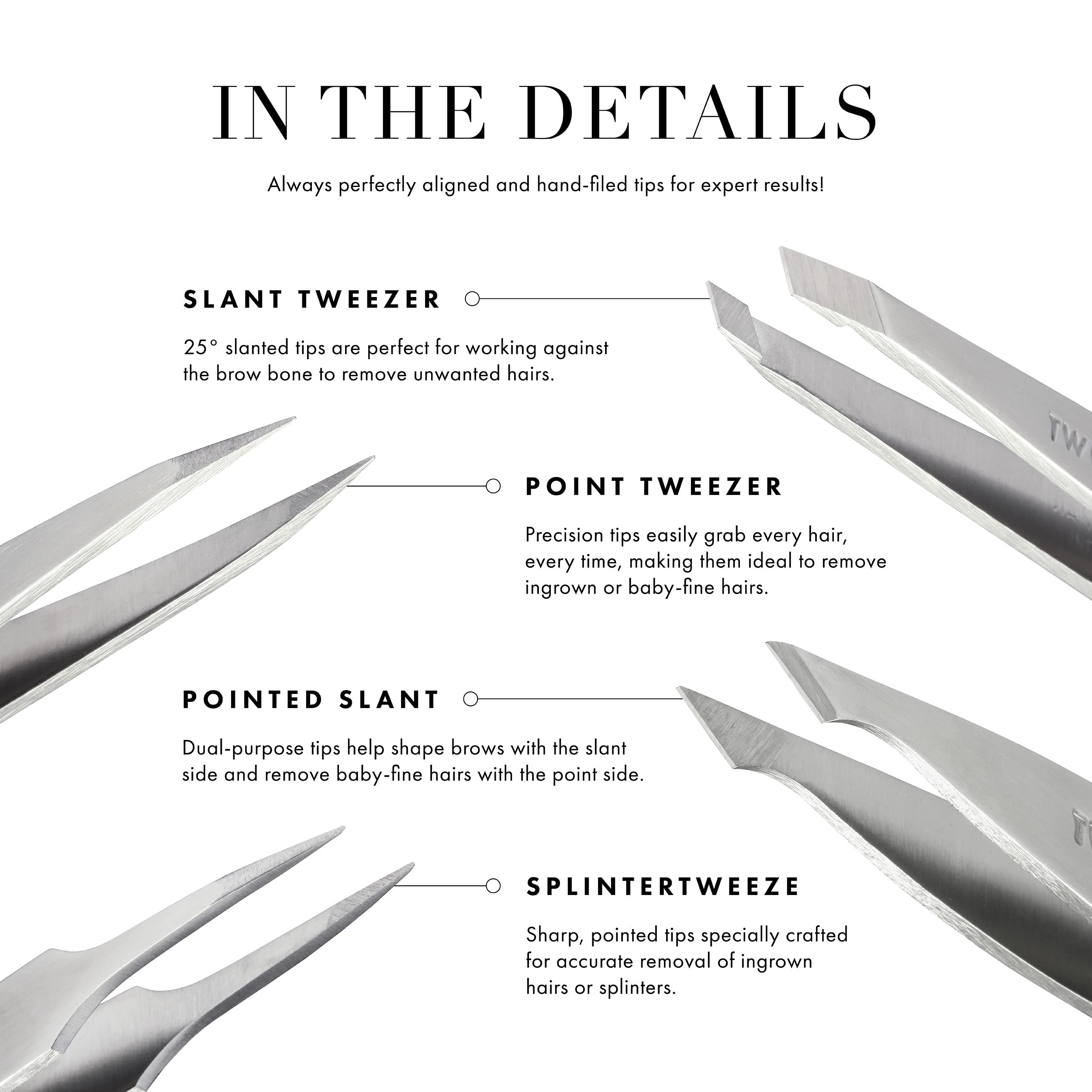 Tweezerman tweezer gripping a single eyebrow hair demonstrating clean root removal benefit
