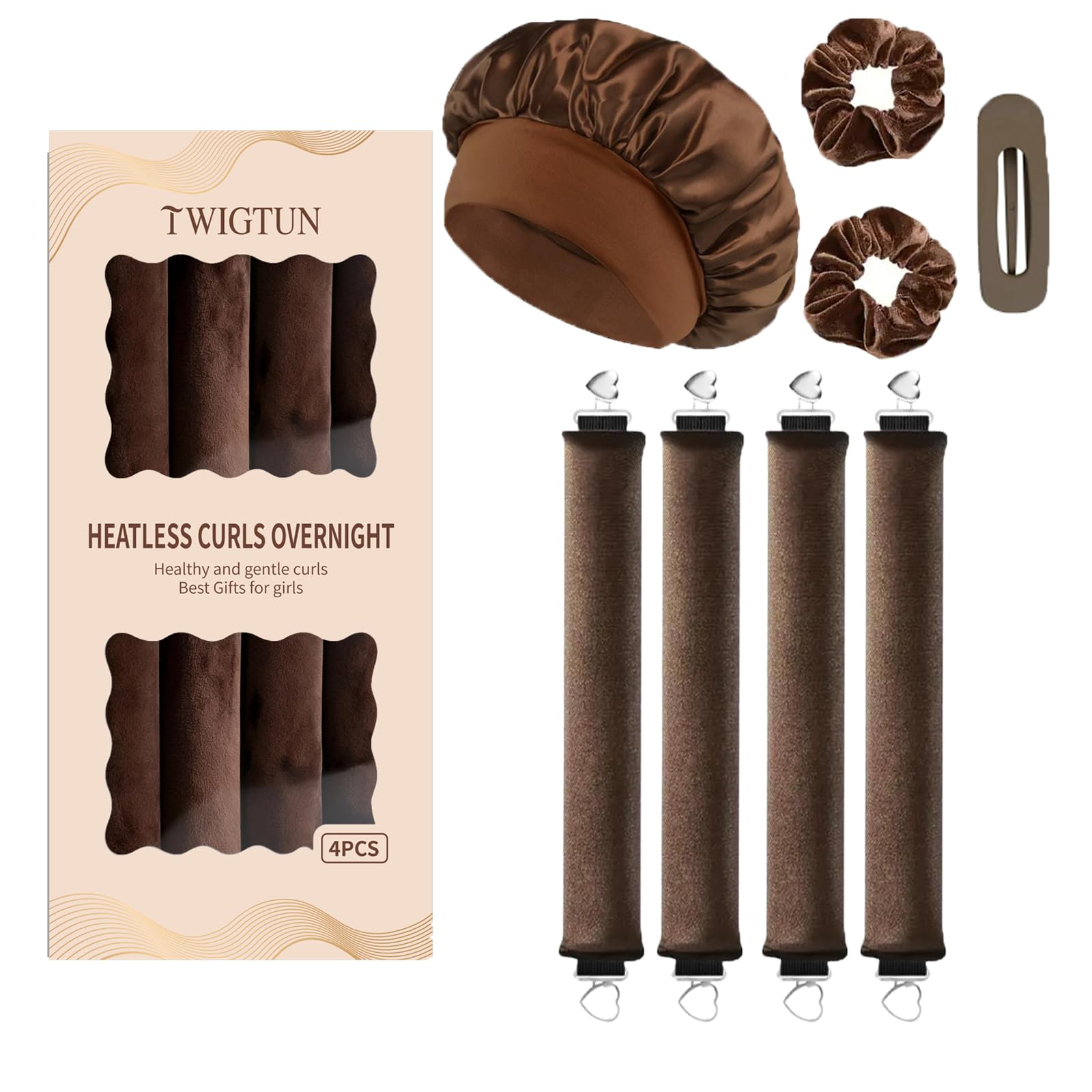 TWIGTUN front packaging of the brown curlers set showing included pieces and benefits