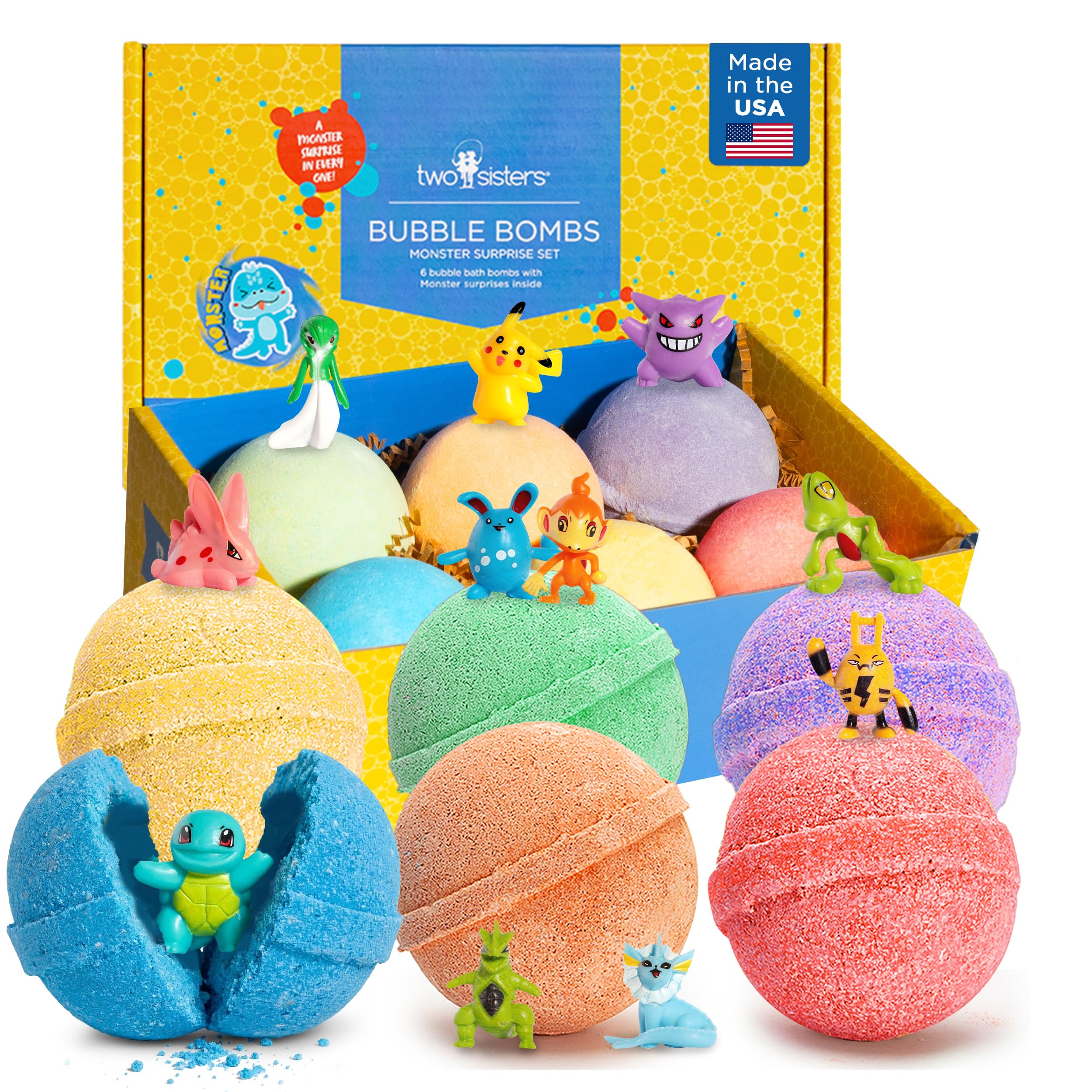 Two Sisters front packaging showing six colorful bath bombs and branding benefits