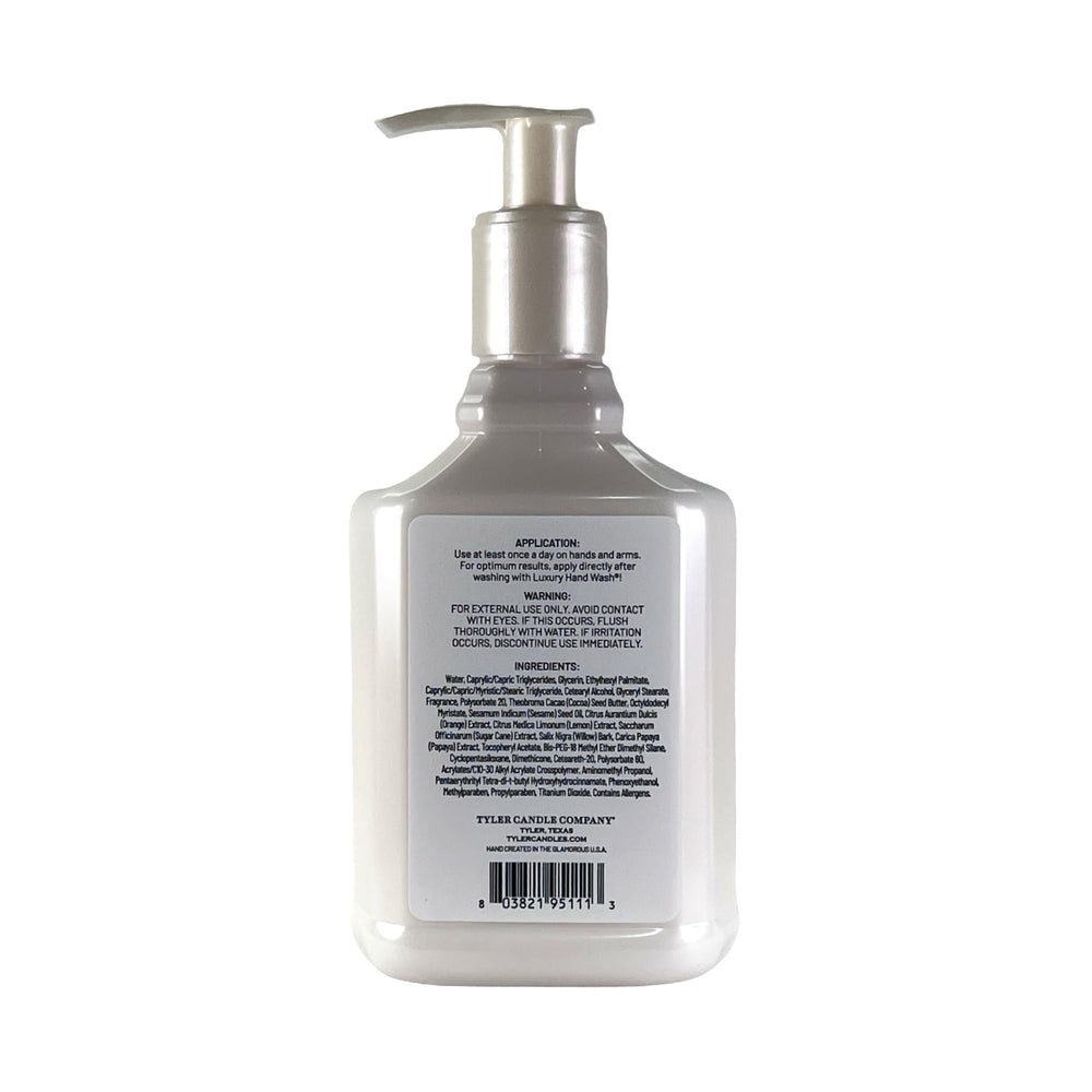 Tyler Candle Company Diva lotion texture close-up showing creamy non-greasy finish