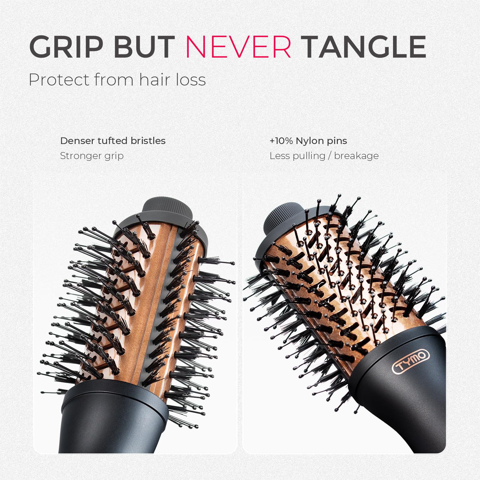 TYMO AIRBEAM MINI bristles detail showing three bristle types for gentle grip