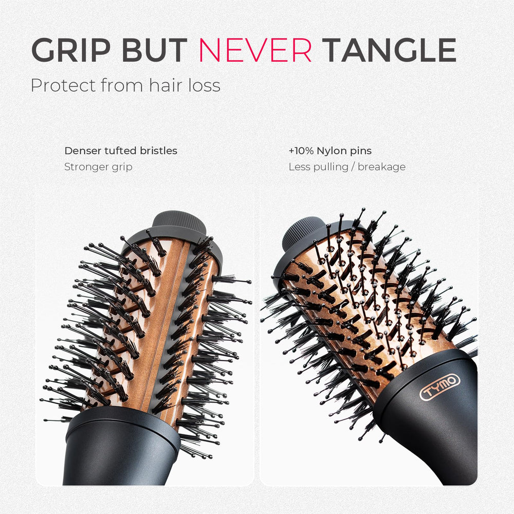 TYMO AIRBEAM MINI bristles detail showing three bristle types for gentle grip
