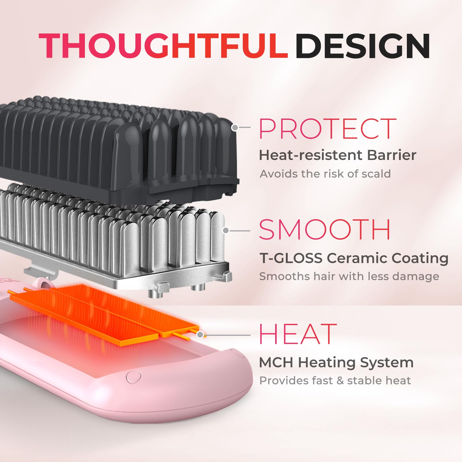 TYMO brush in hand smoothing hair, demonstrating quicker one-step straightening