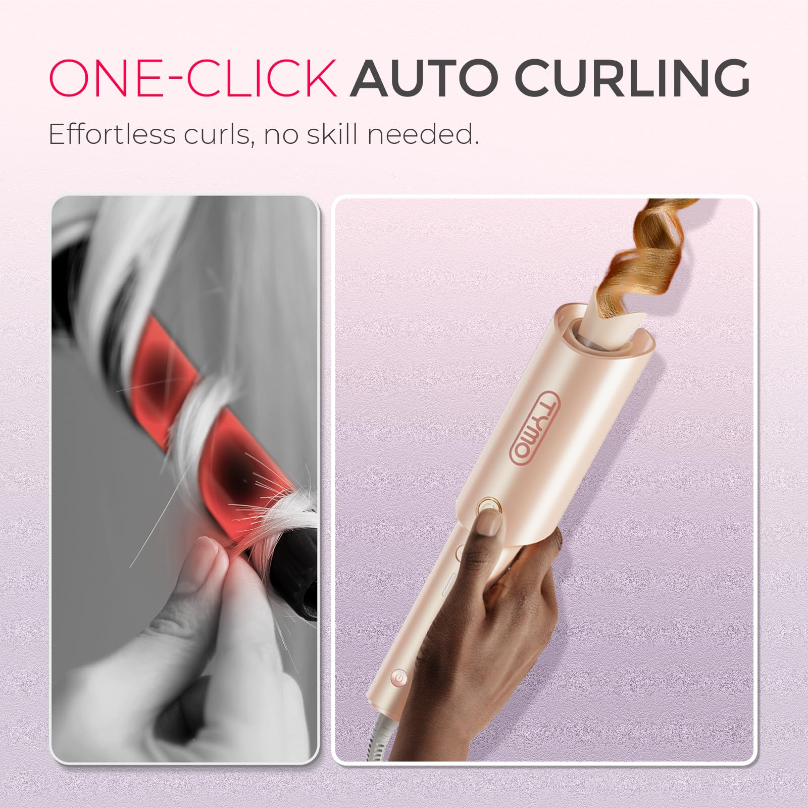 TYMO CURLPRO barrel close-up highlighting T-GLOSS tourmaline ceramic for smooth glide