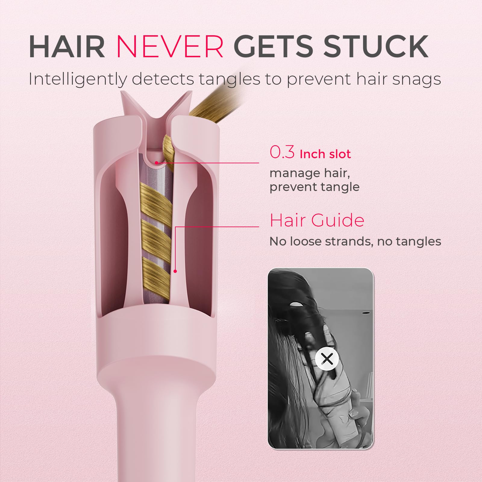 TYMO CURLPRO hair guide and 0.3-inch slot close-up ensuring tangle-free consistent curls