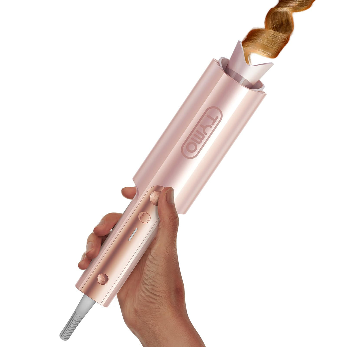 TYMO CurlPro Plus front view showing gold blush finish and ergonomic handle for control