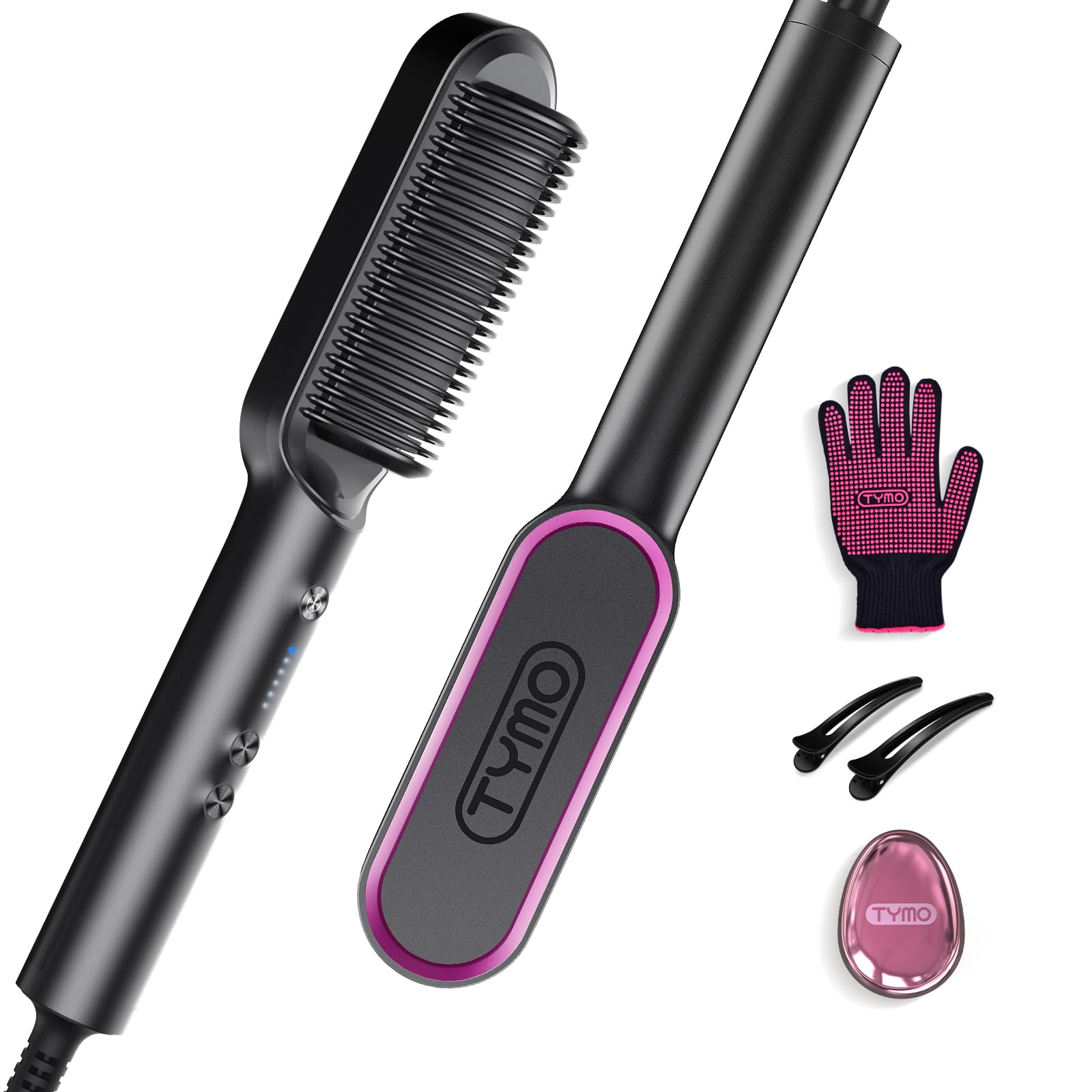 TYMO front view of straightener brush showing controls and sleek design for fast styling