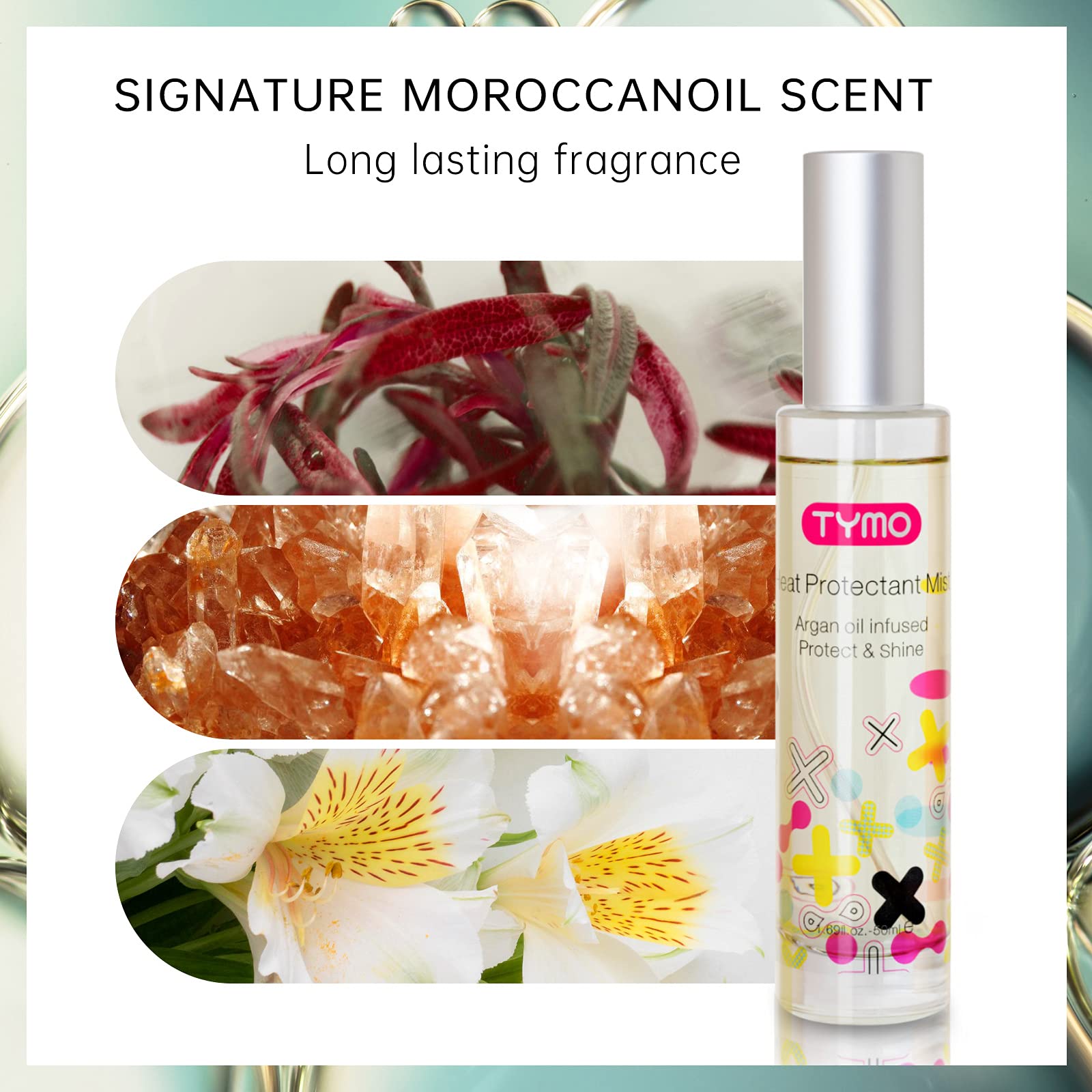 TYMO ingredients label photo showing hydrolyzed keratin and argan oil benefits