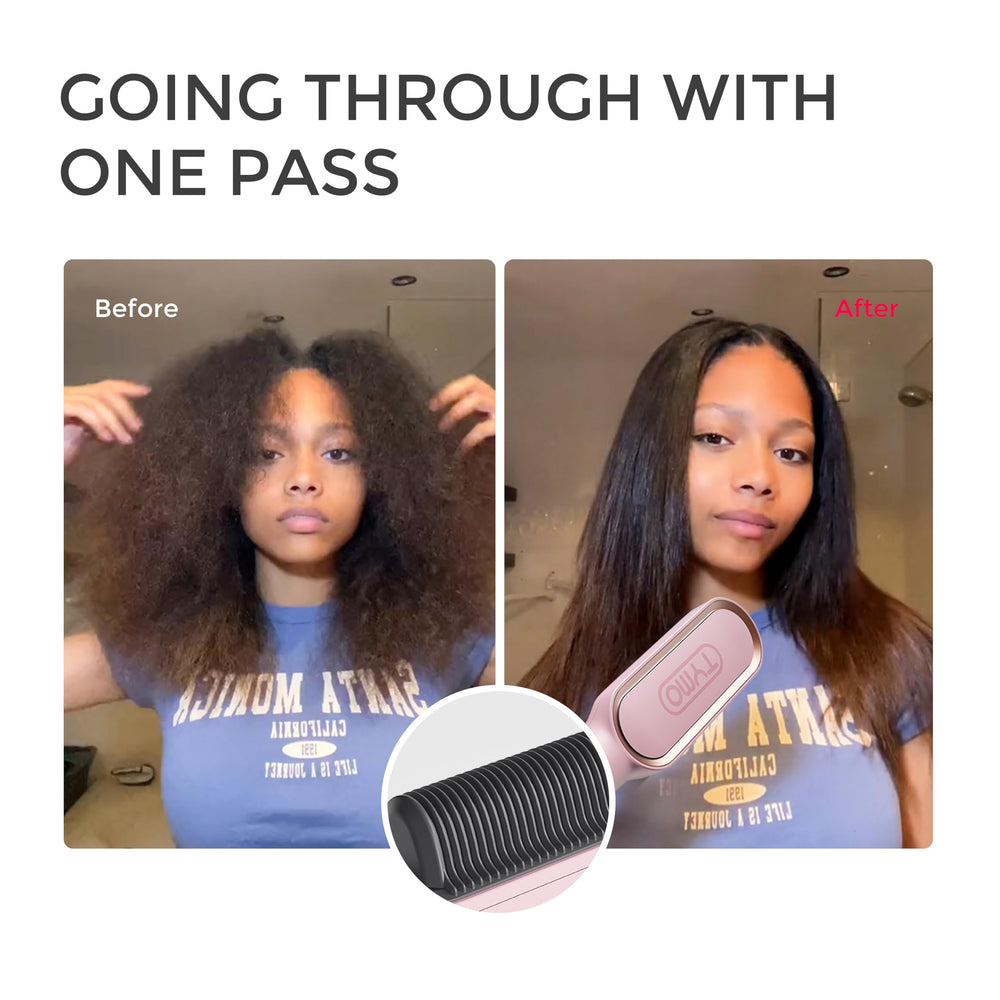 TYMO size comparison next to hairbrush for compact travel convenience