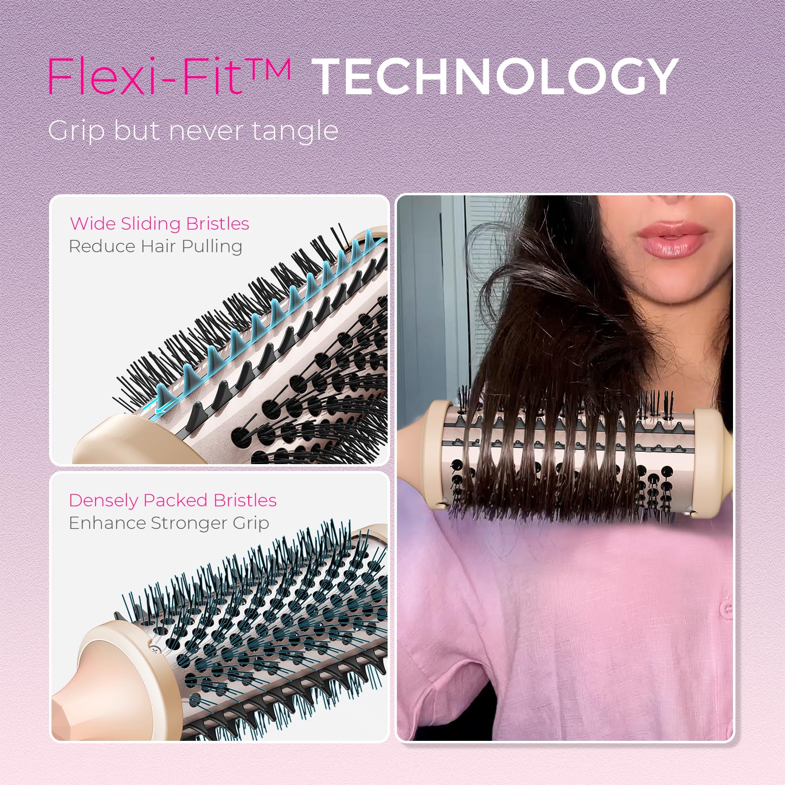 TYMO upgraded Flexi-Fit bristles detail reducing pulling and smoothing hair