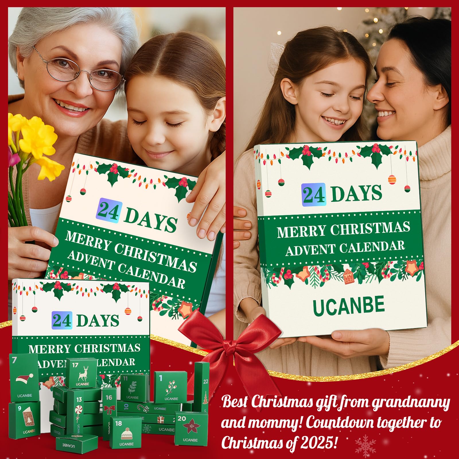 UCANBE open calendar on table with holiday mugs, celebratory unboxing moment benefit