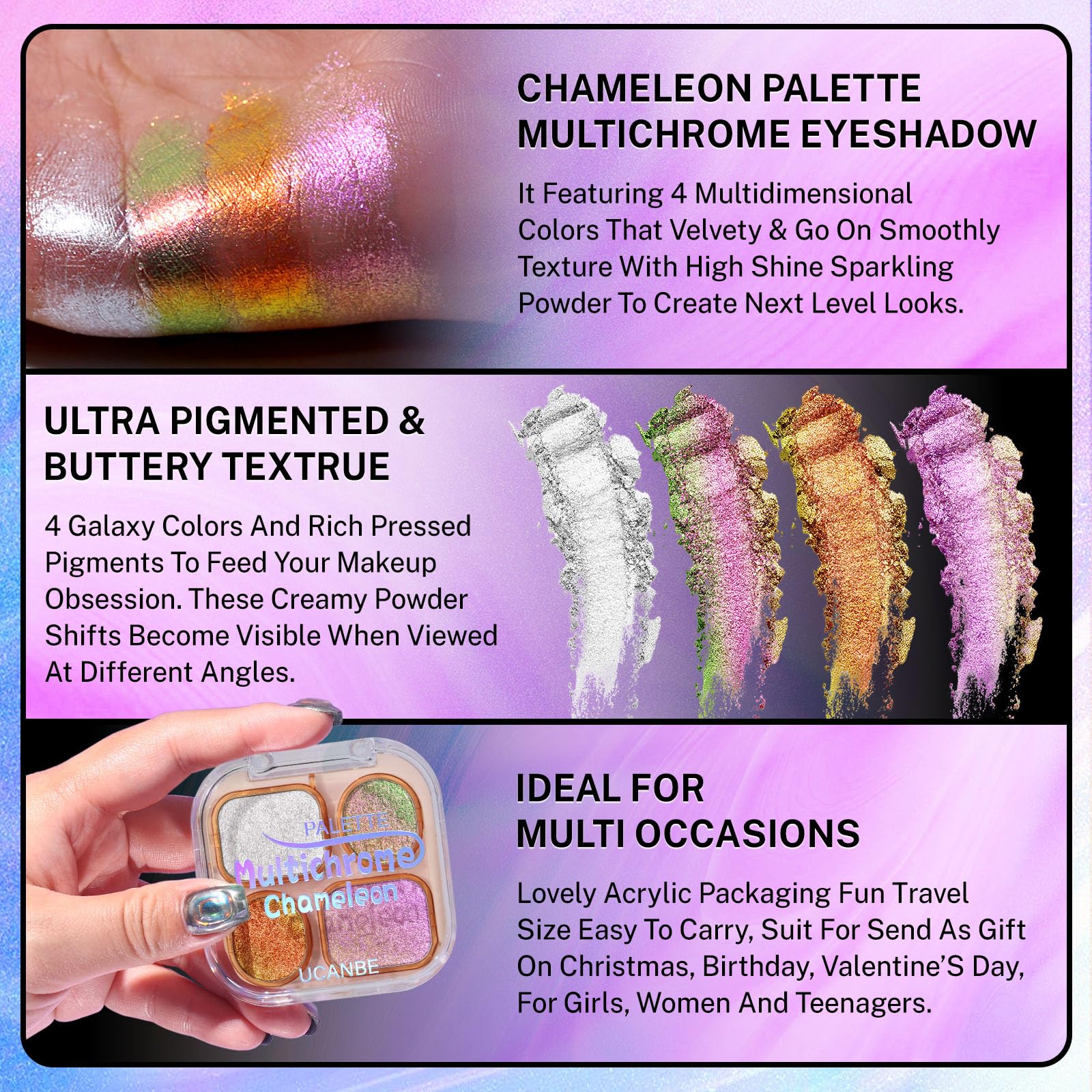 UCANBE close-up of palette pans highlighting reflective pigments and smooth finish