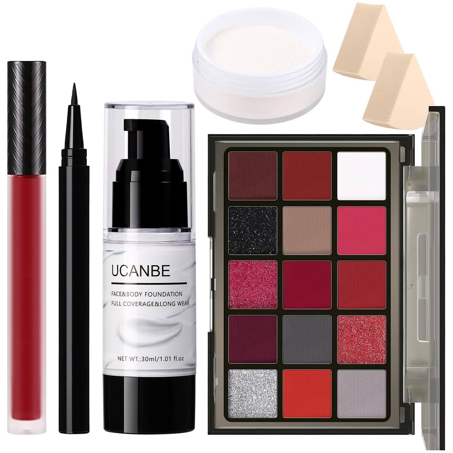 UCANBE flat lay of full Halloween makeup kit showing all components and color variety