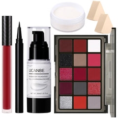 UCANBE flat lay of full Halloween makeup kit showing all components and color variety