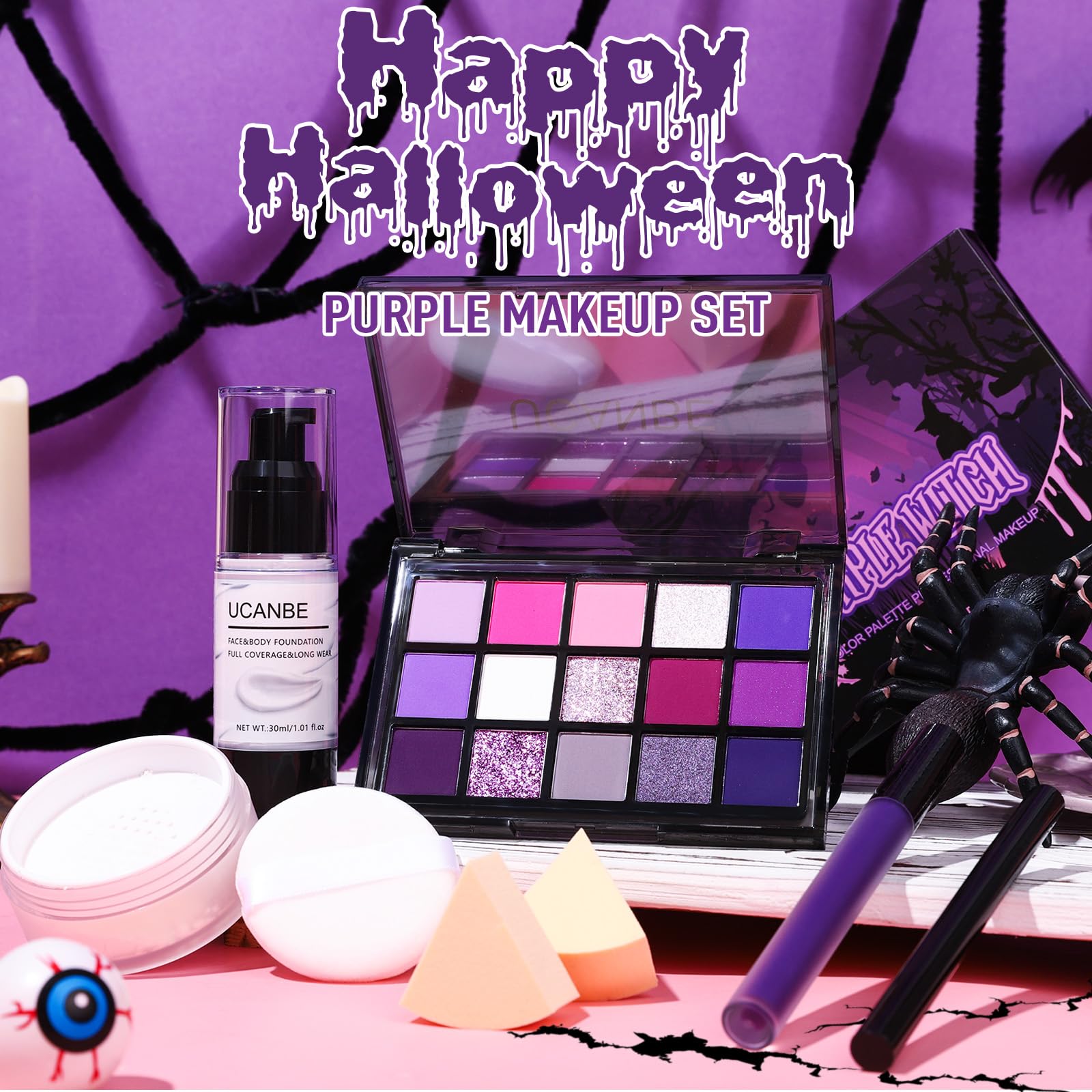 UCANBE finished Halloween makeup look on model displaying dramatic purple cosplay