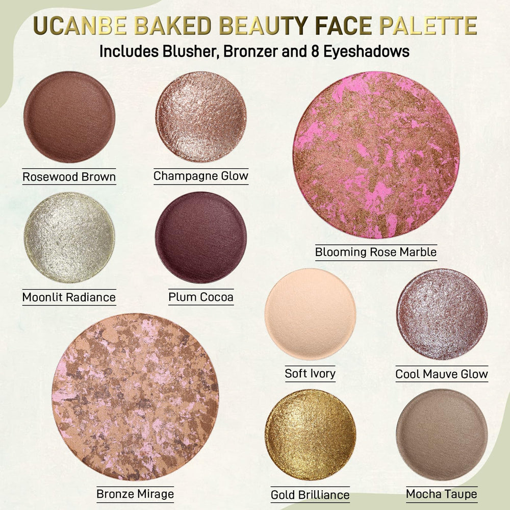 UCANBE open palette flatlay displaying eight eyeshadows bronzer blush and brushes for travel convenience