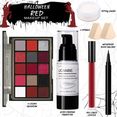 UCANBE close-up of 15-color red eyeshadow palette showing texture and glitter payoff