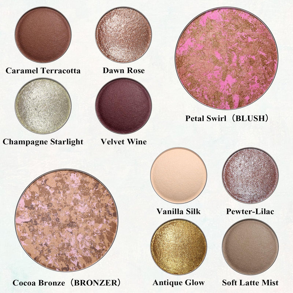 UCANBE palette open top view displaying eight eyeshadows plus bronzer and blush