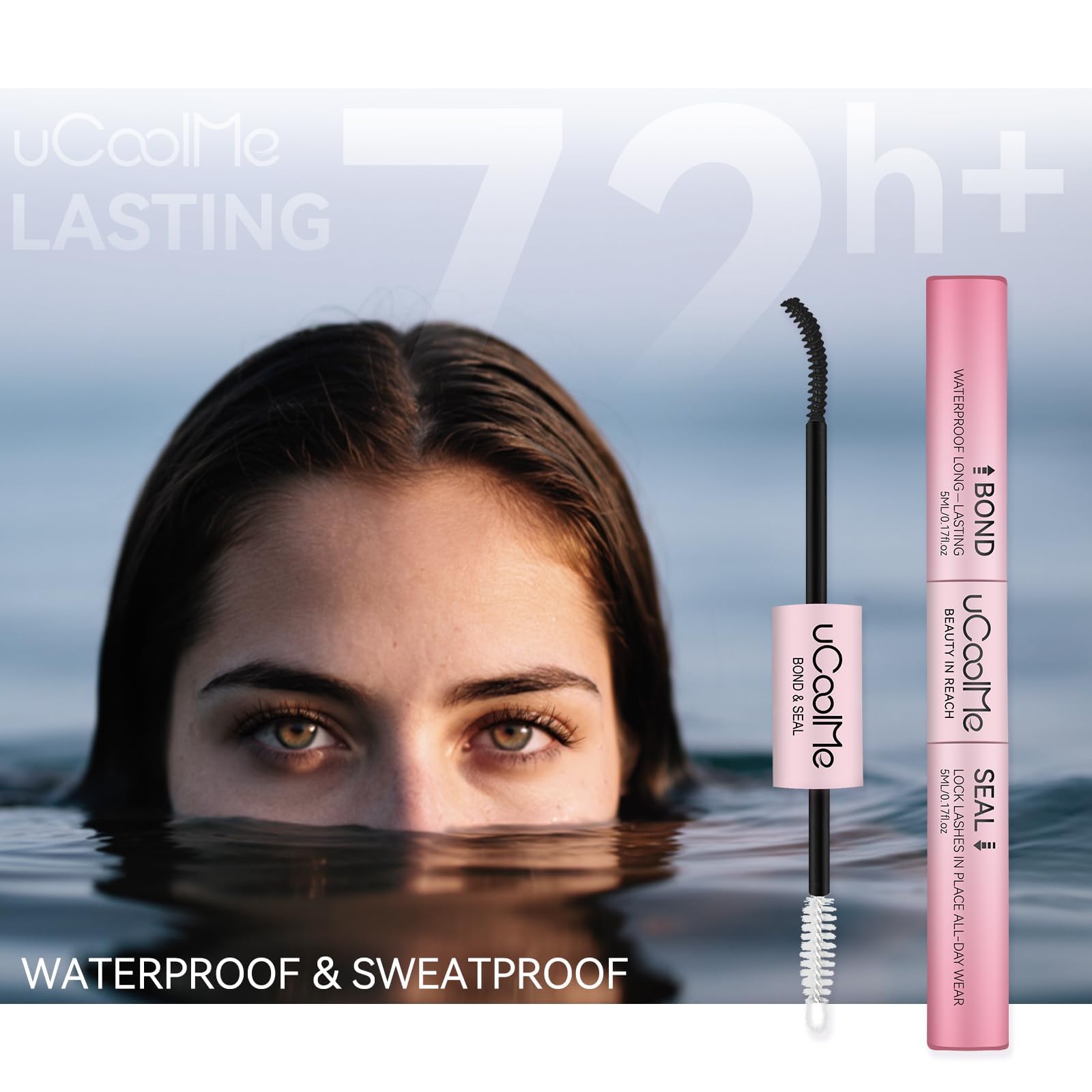 uCoolMe before and after lashes demonstrating long-lasting waterproof hold