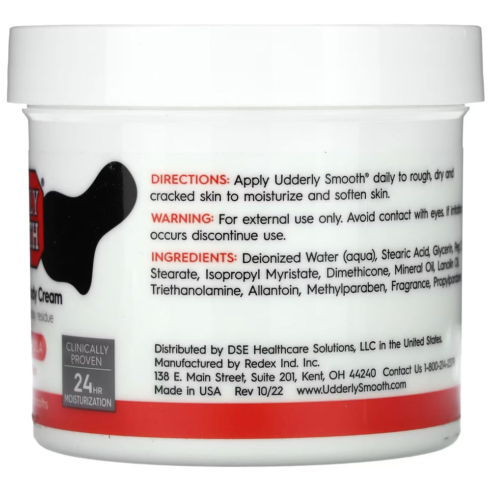 Udderly Smooth tub next to common items showing 10 oz scale and portability