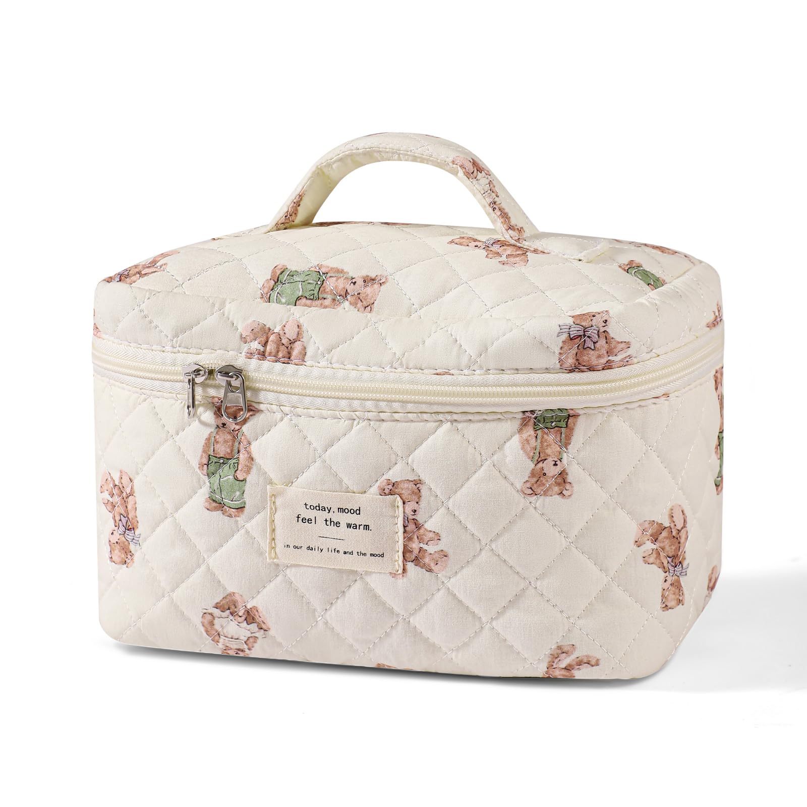 uekeboag front view of 03White-Bear makeup bag showing floral quilted design and shape benefit: stylish organization