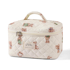 uekeboag front view of 03White-Bear makeup bag showing floral quilted design and shape benefit: stylish organization