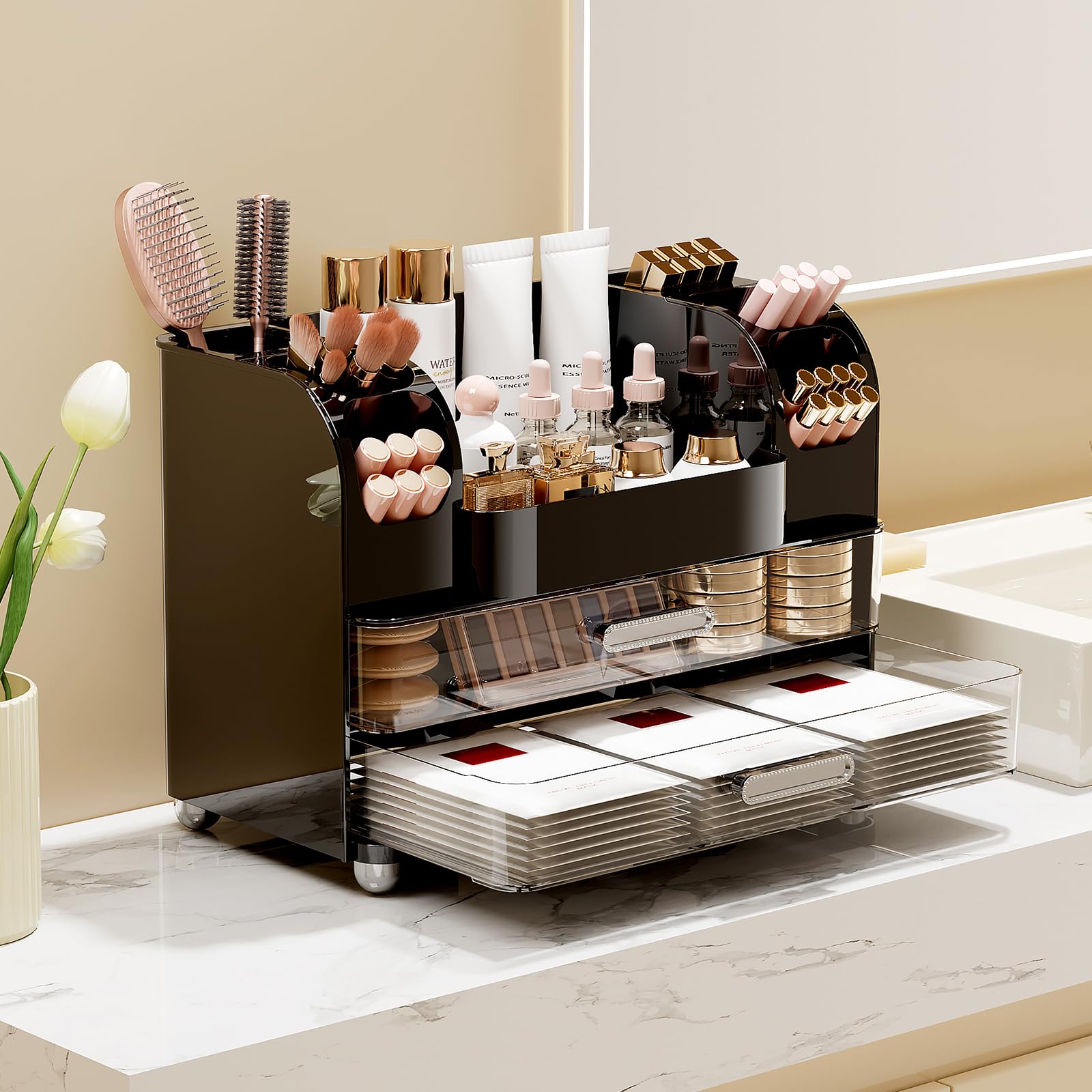 UFORU top surface with skincare bottles organized for quick routine