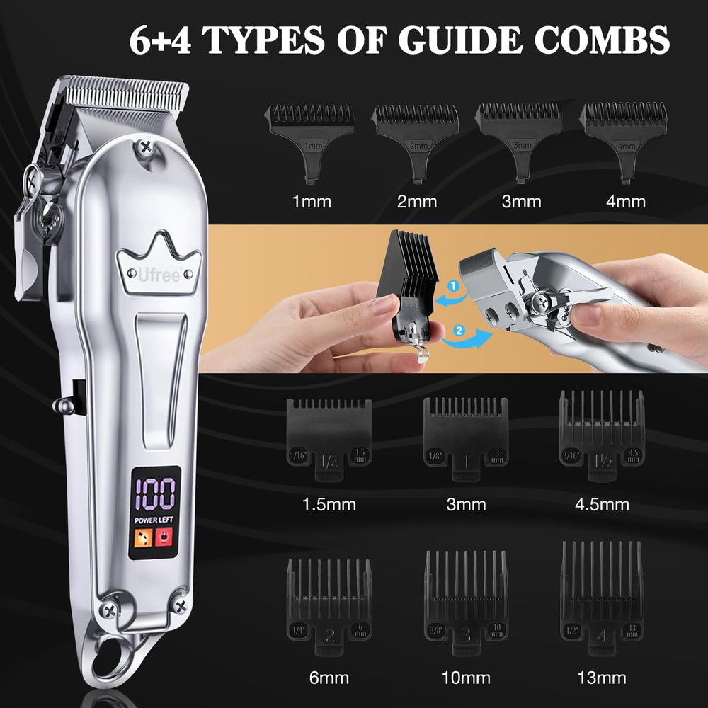Ufree accessories laid out including combs cape and brushes for complete grooming