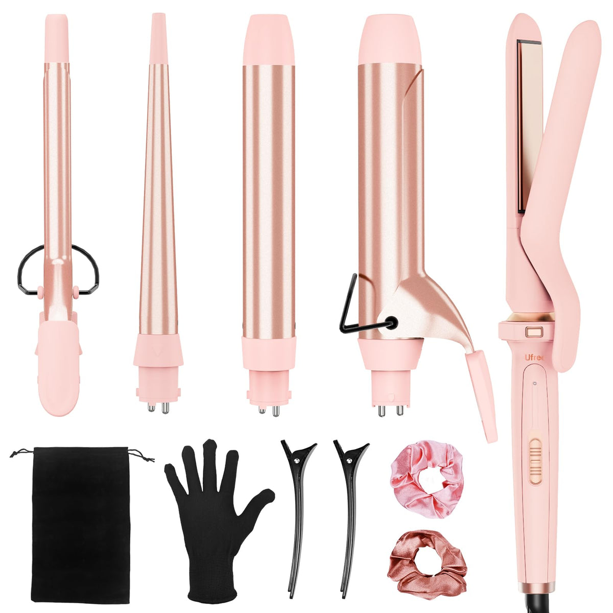 Ufree front view of pink 5-in-1 curling iron set showing all components and benefits