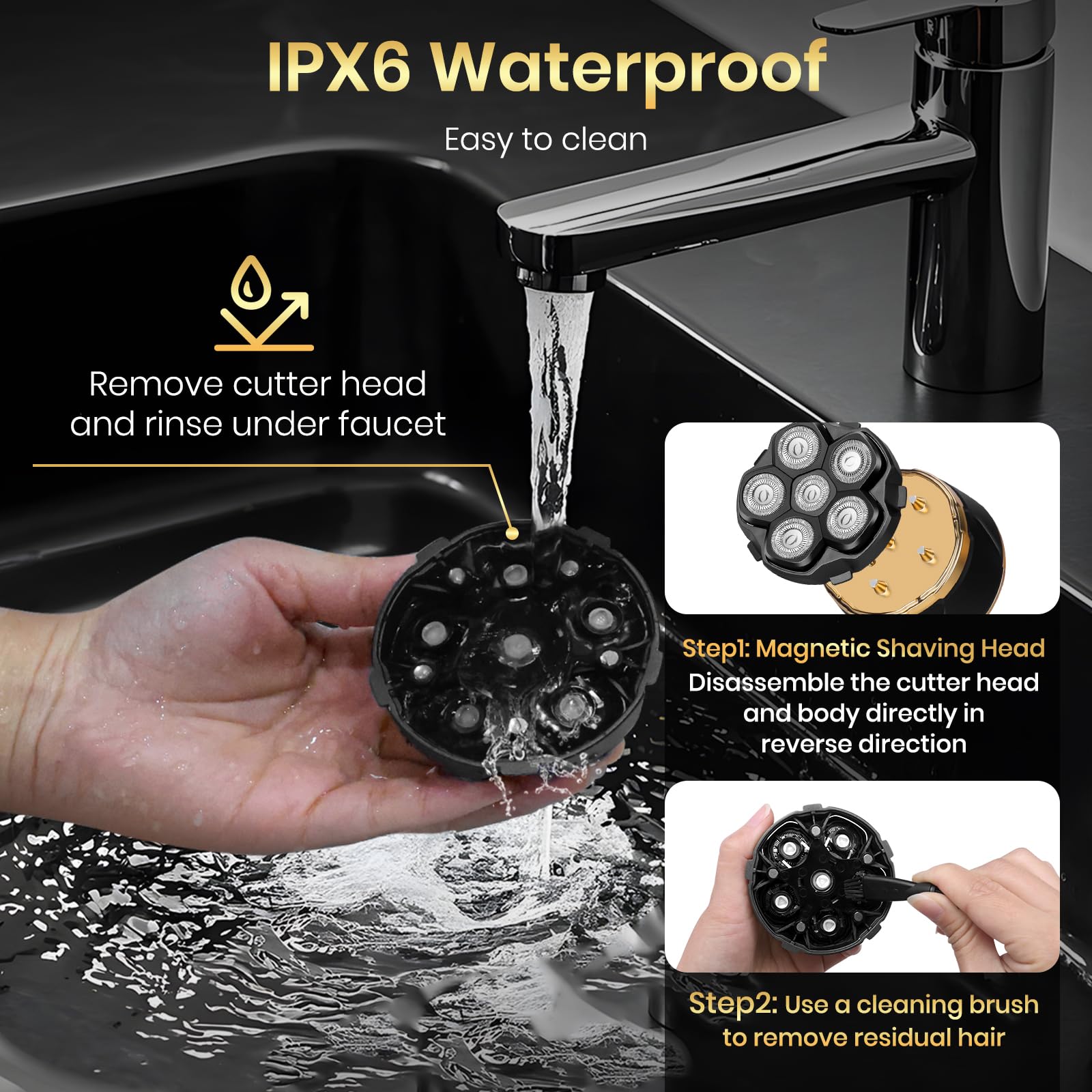 Ufree under running water showing waterproof use for wet or dry shaving benefit