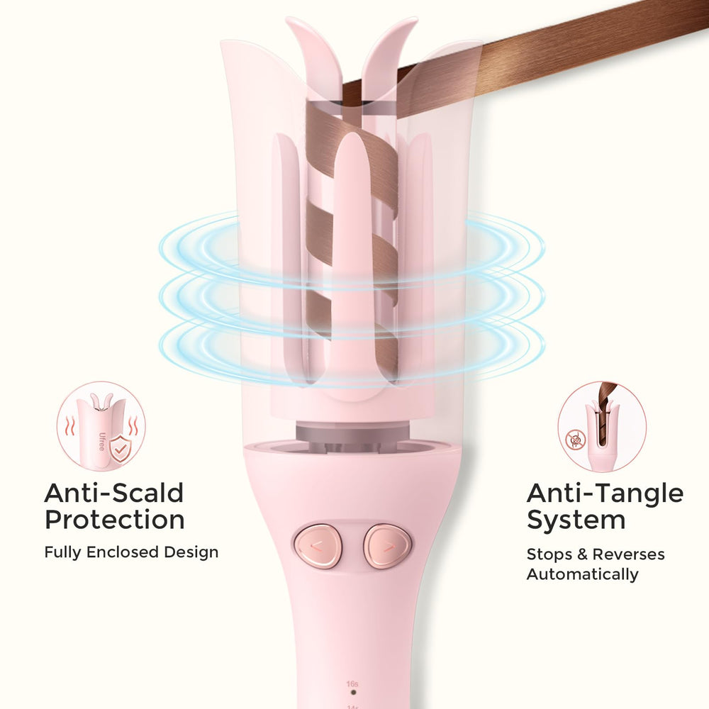 Ufree curling iron in use on long hair enabling fast consistent curls