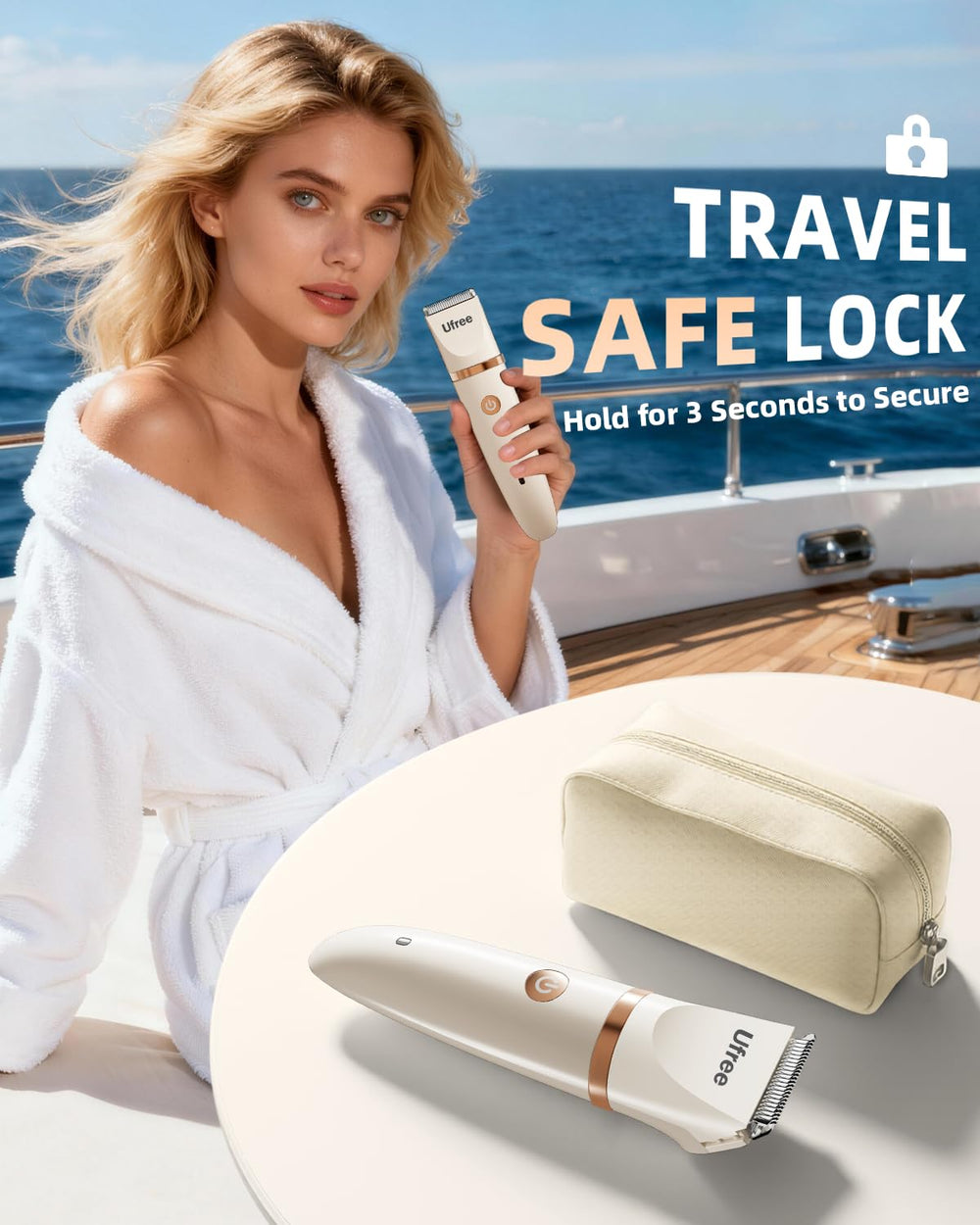 Ufree trimmer beside a hand showing true size and travel-friendly portability