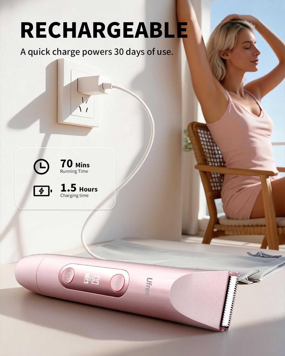 Ufree trimmer next to a coin showing compact travel size and portability benefit