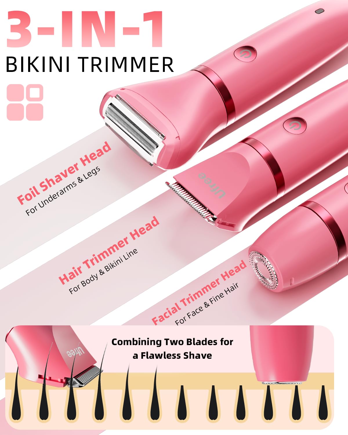Ufree three detachable heads displayed to show versatile bikini, facial, and foil trimming