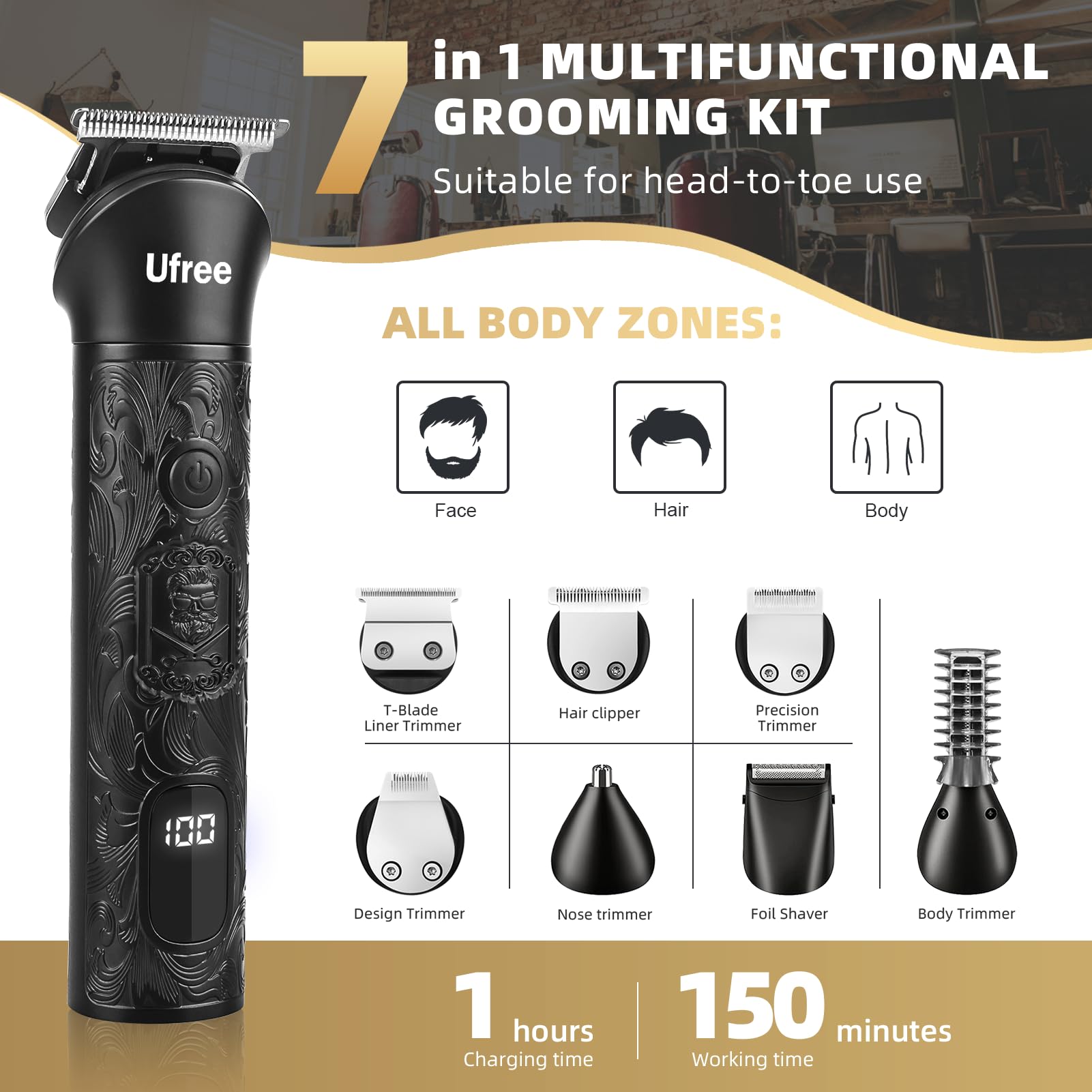 Ufree grooming accessories laid out with seven heads and ten combs benefit