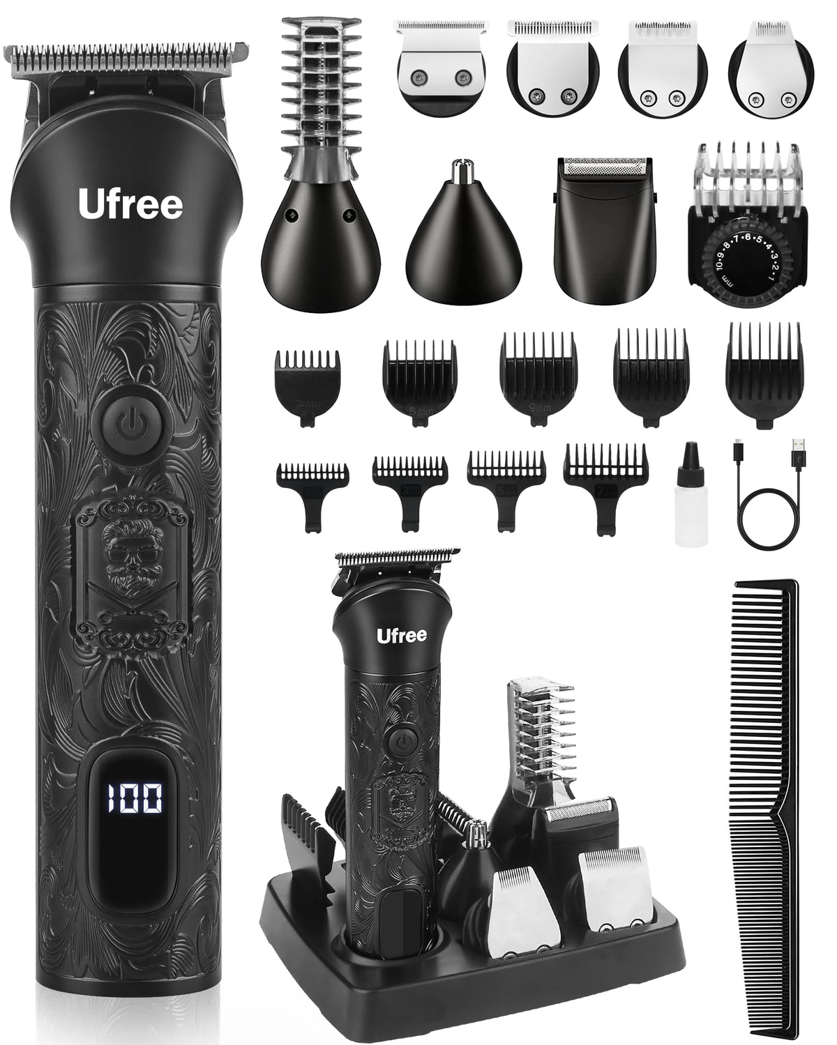 Ufree trimmer front view showing full kit and tidy storage benefit