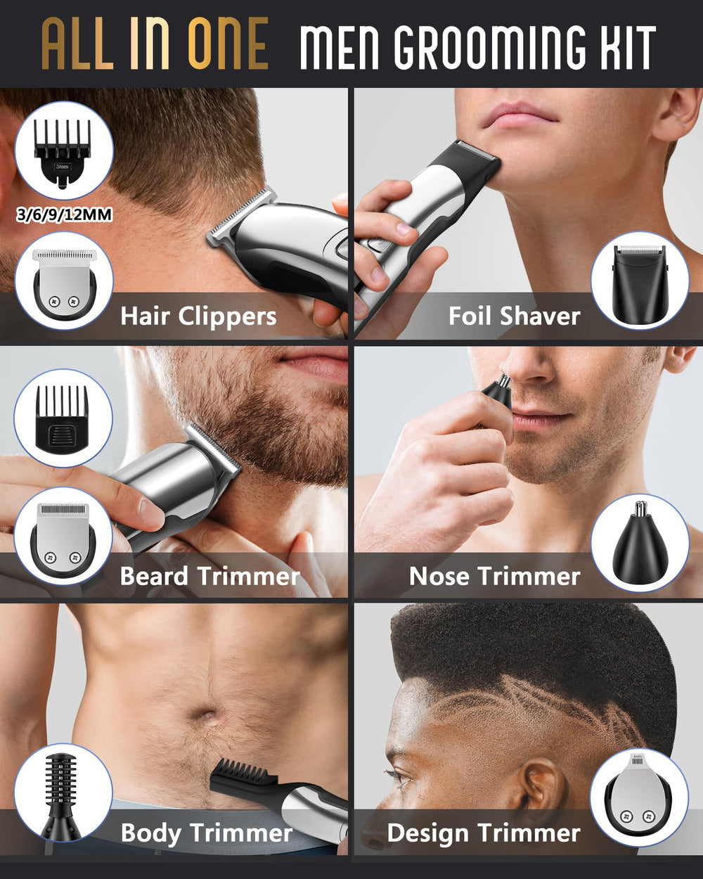 Ufree interchangeable heads layout showing all attachments for versatile grooming