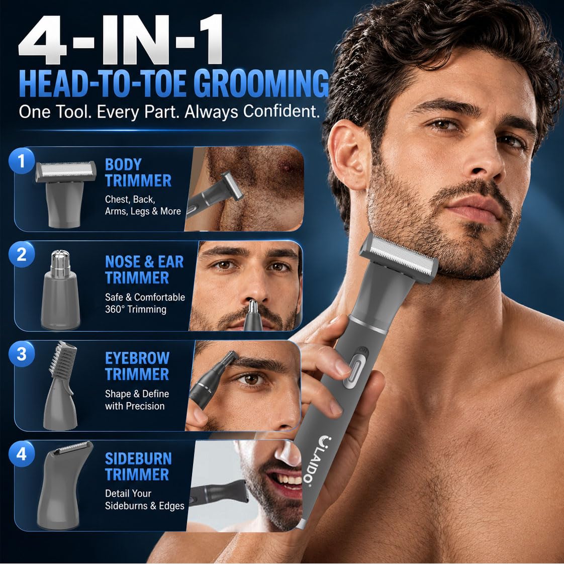 ULAIDO array of four attachments lined up showing versatility for multiple areas